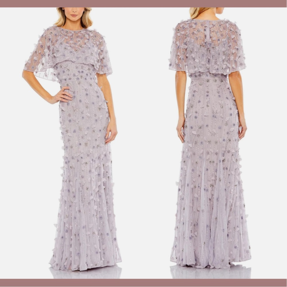NEW $698 Mac Duggal [ 12 ] Embellished Cape Sleeve Trumpet Gown in‎ Lilac #Q530